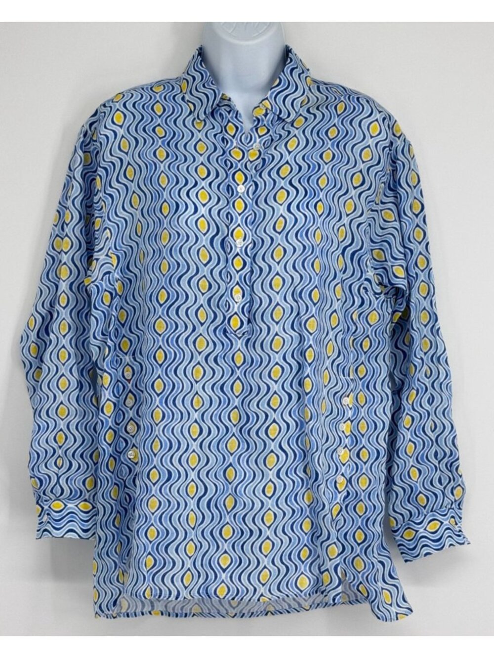 J. McLaughlin S Blue Yellow Geometric Print Button-Up Linen Beach Artsy